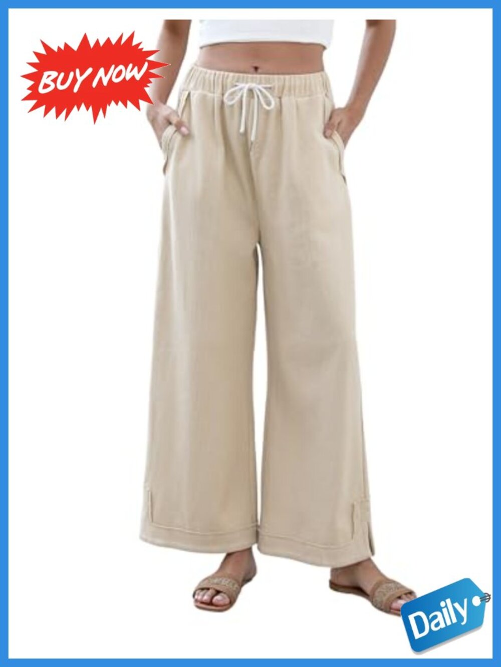 Wide Leg Palazzo Lounge Pants Cotton Blend Drawstring Pockets